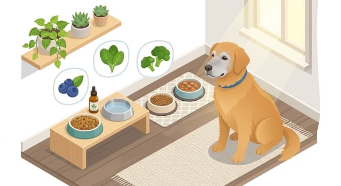 Senior dog and cat feeding setup illustrating targeted nutrition options for aging pets, including an MCT-enriched diet and hydration-focused, textured meals.