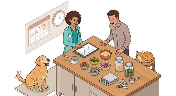 Consultation scene showing monitoring and iterative updates to a senior pet nutrition plan with a home-cooked or base-mix approach.