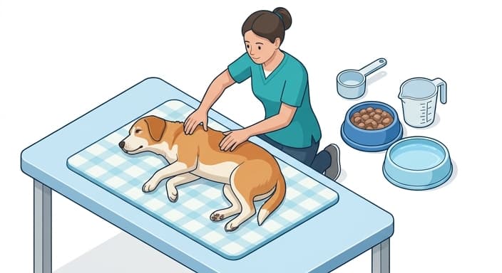 A clinician palpates the pet to assess muscle mass while hydration-focused feeding elements sit nearby.