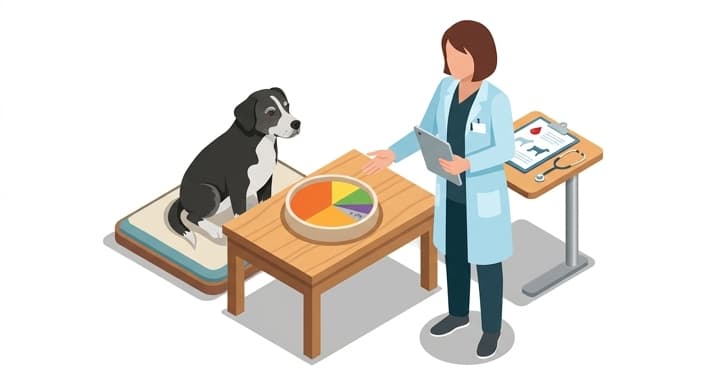 A senior pet at a feeding station as a clinician reviews a personalized nutrition plan and a nutrient-diverse bowl.