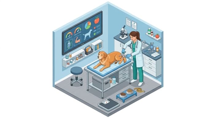 A veterinarian assesses a senior dog's body composition to tailor calories and protein for lean mass.