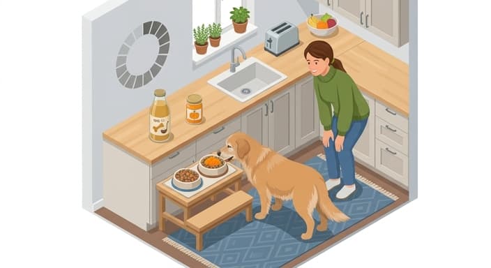 A caregiver monitors a senior dog's mealtime, using toppers like pumpkin puree and bone broth to aid digestion and hydration during a gradual meal transition.