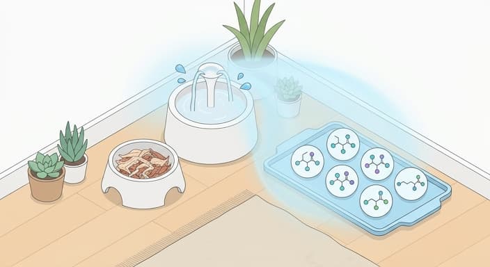 Hydration-focused setup with lean protein options and visual amino-acid cues for aging pets.