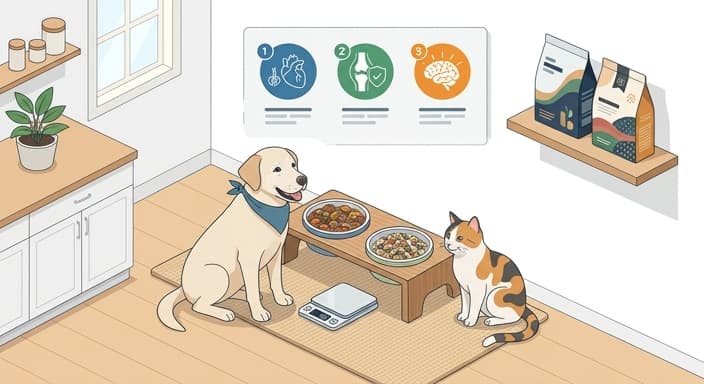 Senior pets at a feeding station with portion-controlled, protein-forward meals.