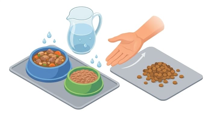 A shift to moisture-rich meals is illustrated to support hydration and joint and kidney health in aging pets, with an implied quick energy and skin-health improvement.