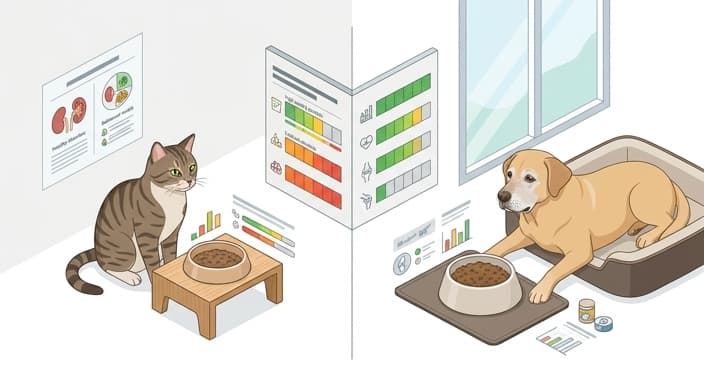 A senior cat and a senior dog are depicted with a personalized nutrition planning setup tailored to their distinct age-related needs.