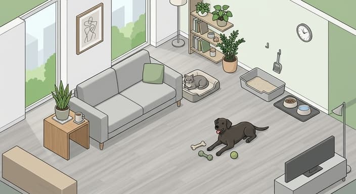 A hygienic, carpet-free living space with wipeable surfaces and pet-friendly furniture.