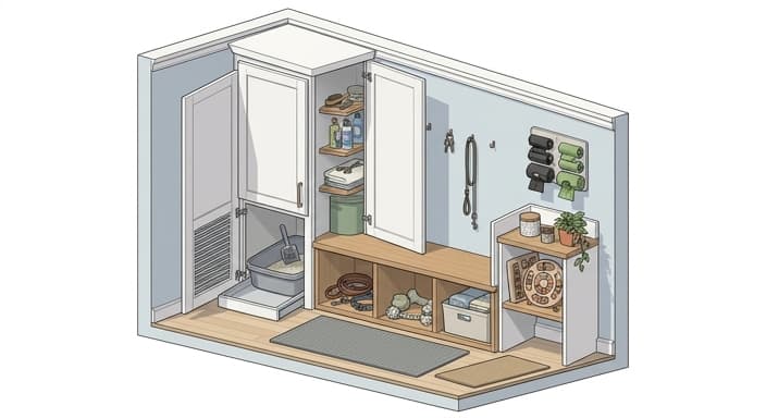 A neat mudroom that hides mess behind cabinetry while providing pet enrichment through integrated puzzle toys.