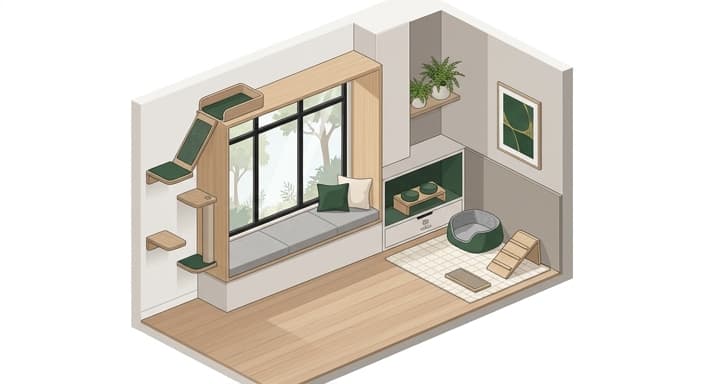 A calm, streamlined interior that hides enrichment zones as intentional design features for pets.