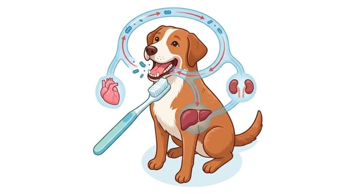 A dog with an open mouth showing teeth, connected to simplified body organs to illustrate how oral health links to overall health.