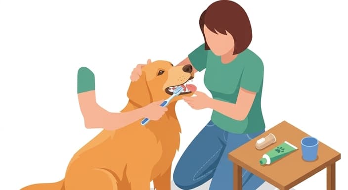 Owner demonstrates brushing a dog's outer upper teeth as part of a home dental care routine.