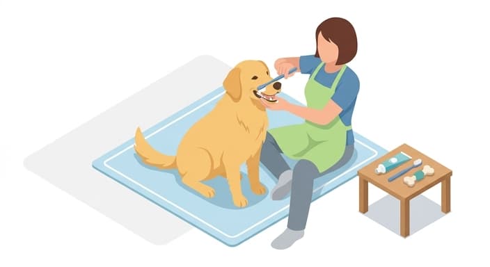 A dog is being brushed on the outer teeth with a soft toothbrush as part of daily preventive care.