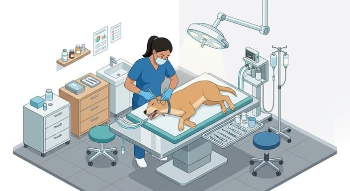 A veterinarian performs a professional dental cleaning (COHAT) on a dog in the clinic.