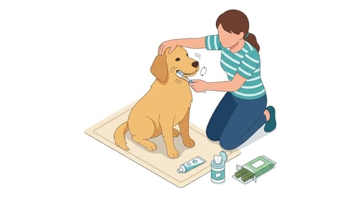 A caregiver demonstrates a daily dog tooth brushing routine along the gum line.