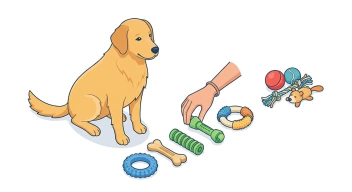 A dog engages with a rotating selection of dental chew toys to support dental care.