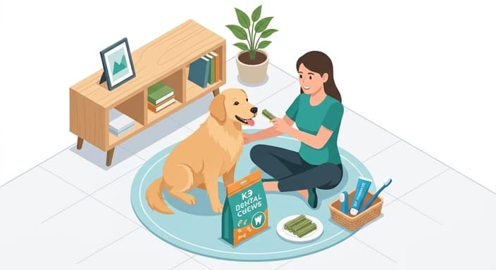 A dog supervised with a soft dental chew and a small toolkit of dental care items as part of preventive care.