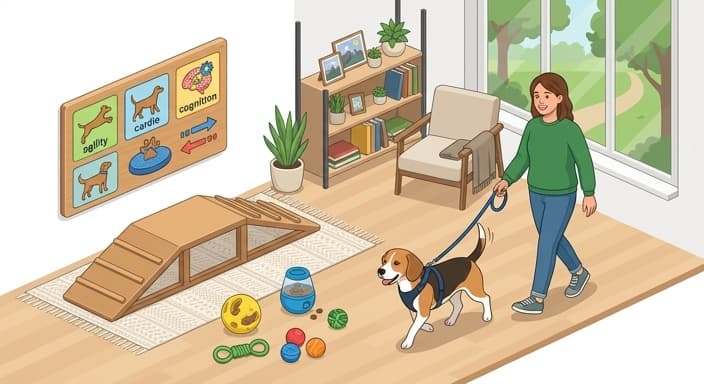 Owner guides a midlife dog through a gentle, structured daily exercise and mental enrichment routine.