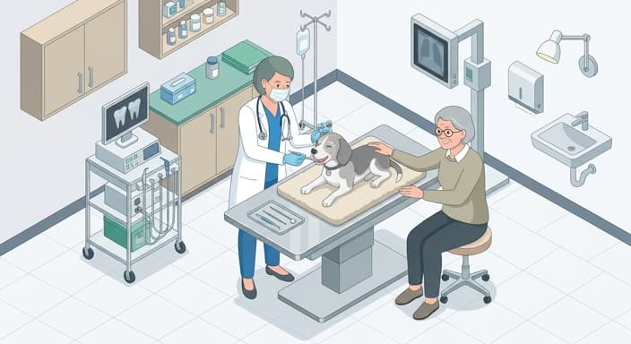 A senior dog undergoes a veterinary dental exam as part of proactive care.