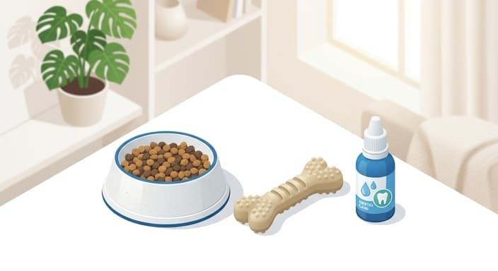 A home setup showing adjuncts to dental care for senior pets: dental diet, chews, and a water additive.