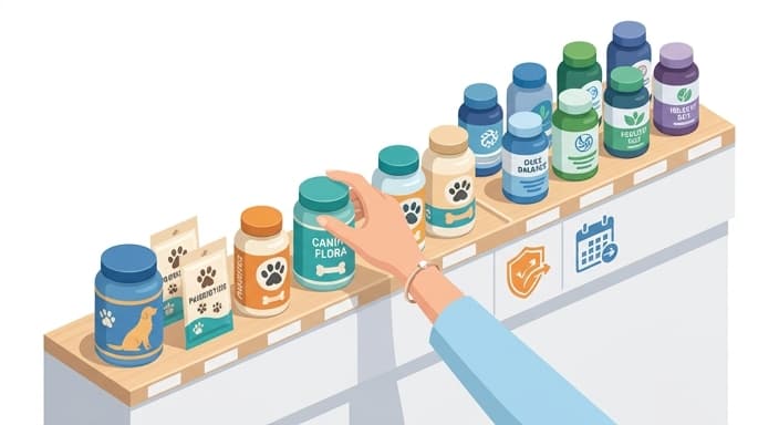 A display comparing dog-specific probiotics with human options, highlighting canine-focused formulations and shelf stability.