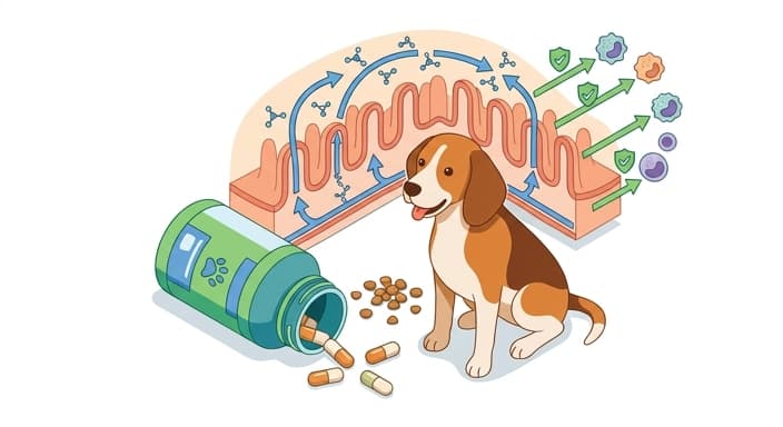 Dog with a probiotic bottle and an abstract gut diagram showing SCFAs and gut lining support.