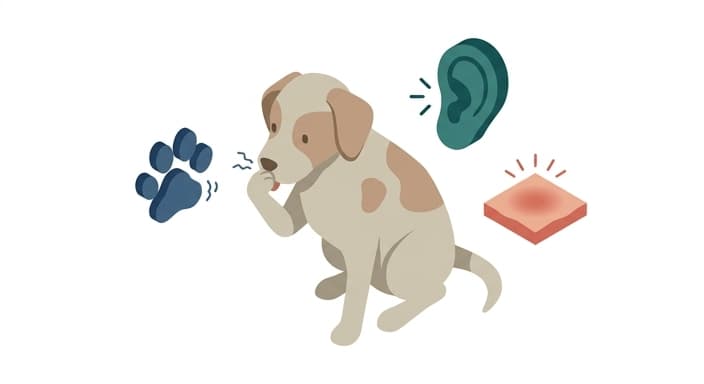 Dog showing subtle signs of gut imbalance, such as paw licking and skin issues.