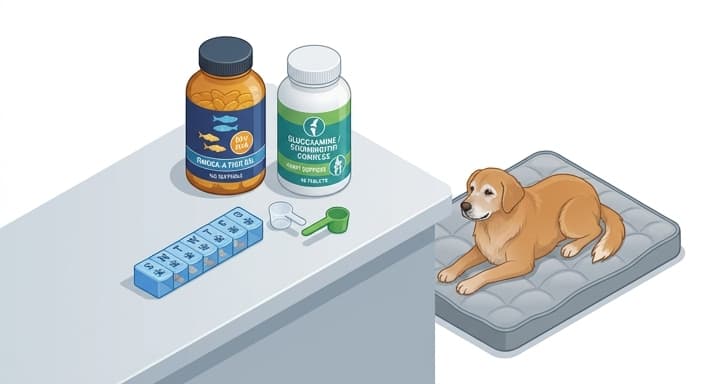 A senior dog beside joint-support supplements, illustrating consistent, proactive care.