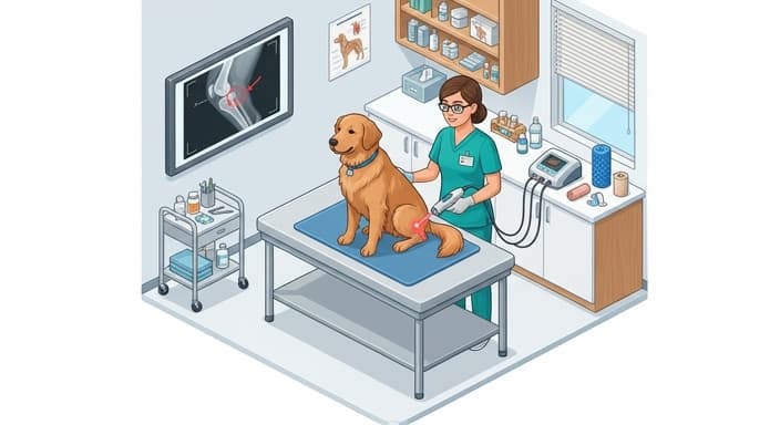 A veterinary team employs digital radiography and therapy modalities to detect and manage early arthritis in a dog.
