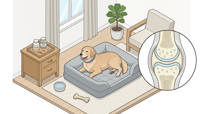 Senior dog receiving proactive joint care with supplements and cartilage protection visuals.