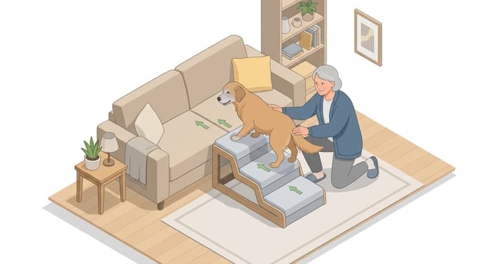 Senior dog using stairs to reach a couch, illustrating safer, low impact movement.