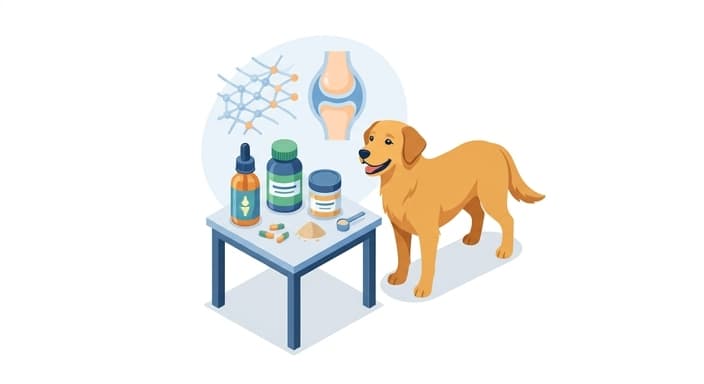 A dog surveys a display of joint-support supplements, illustrating proactive, early-life joint care.