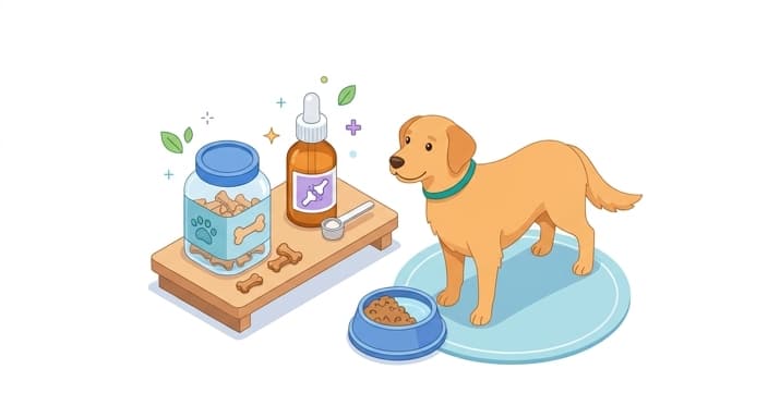 The dog considers two forms of joint support—chew treats and a powder or liquid topper—highlighting dosage-conscious, proactive care.