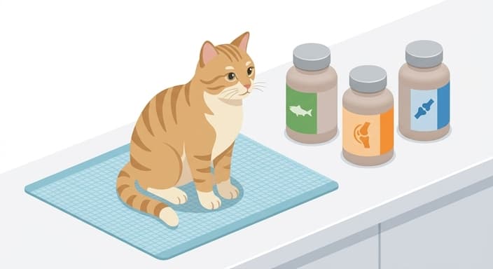 A senior cat sits beside plain supplement bottles representing omega-3s, glucosamine/chondroitin, and UC-II for proactive joint support.