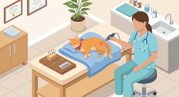 A senior cat receives non-pharmacological joint care with acupuncture and low-level laser therapy in a clinical setting.