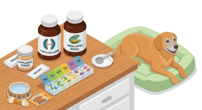 A senior dog sits beside organized joint-support supplements and a daily dosing setup, illustrating a loading-phase routine.