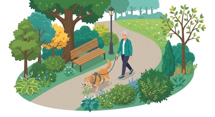 A slow, sniff-friendly walk scene shows a senior dog exploring the environment with a calm guardian nearby, highlighting gentle activity for joint health.
