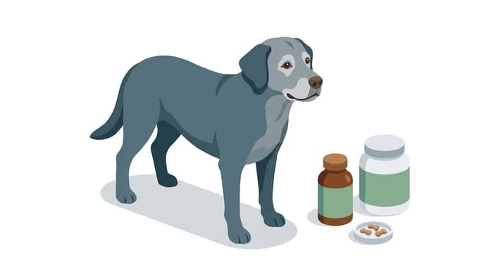 A senior dog sits calmly beside fish oil and glucosamine-chondroitin supplement bottles, illustrating proactive joint care.