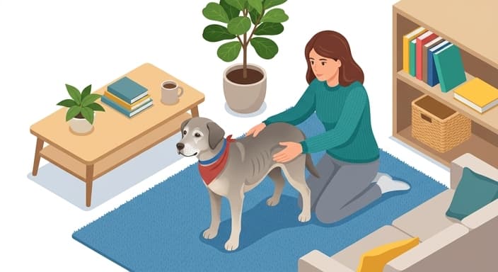An owner checks a senior dog's body condition at home, feeling for ribs and a defined waist to ensure lean weight.
