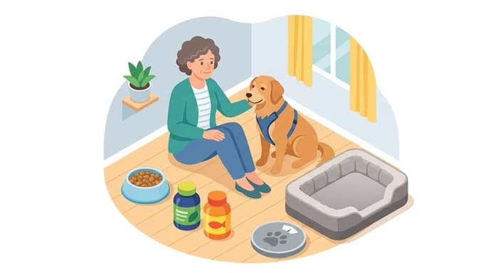 Senior dog with nutrition and supplements setup for proactive joint support.