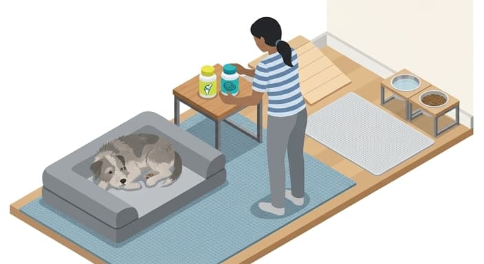 Senior dog resting on an orthopedic bed beside generic supplement bottles in a home with accessibility features to support joint health.
