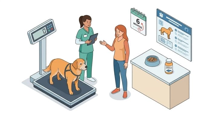 Veterinarian and owner review weight management and a six-month mobility-check plan for a senior dog.