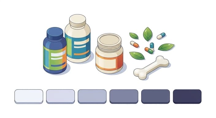 Supplements and a simple multi-week loading timeline sit beside a senior dog's bone to illustrate consistent, proactive joint support.