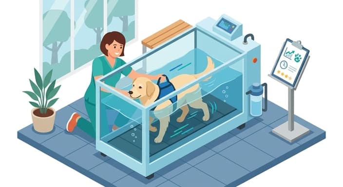 A senior dog undergoes aquatic therapy while a caregiver notes progress in a mobility journal, highlighting monitoring and low-impact exercise for joint support.