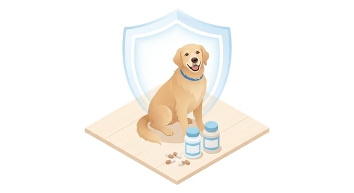 A senior dog sits calmly beside supplement bottles, highlighting proactive joint-support for mobility.