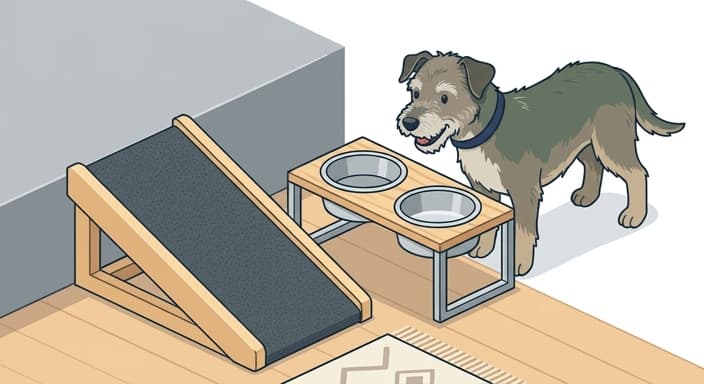 A senior dog using elevated bowls and a ramp, demonstrating home adaptations to support mobility and comfort.