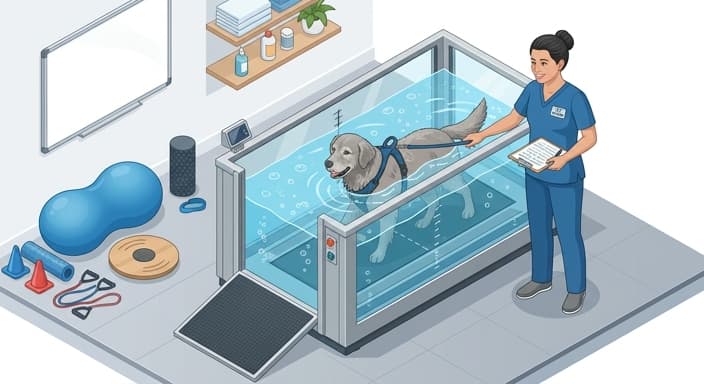 Senior dog receiving rehabilitation therapy, including underwater treadmill and professional guidance.