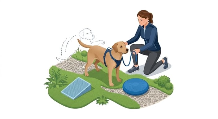 A dog on leash and a trainer guiding balance and sit-to-stand exercises as part of pre-hab for midlife pets.