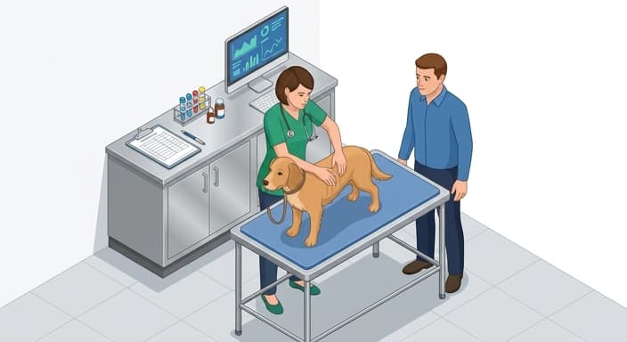 A vet assesses body condition and reviews baseline health data for midlife pets during a wellness check.