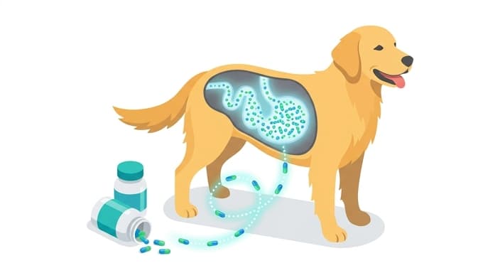 Dog with a cutaway gut illustrating probiotic replenishment of beneficial bacteria.