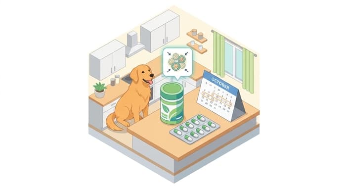 Dog with probiotic supplements and a visual four-to-six week trial plan for administration and stability.